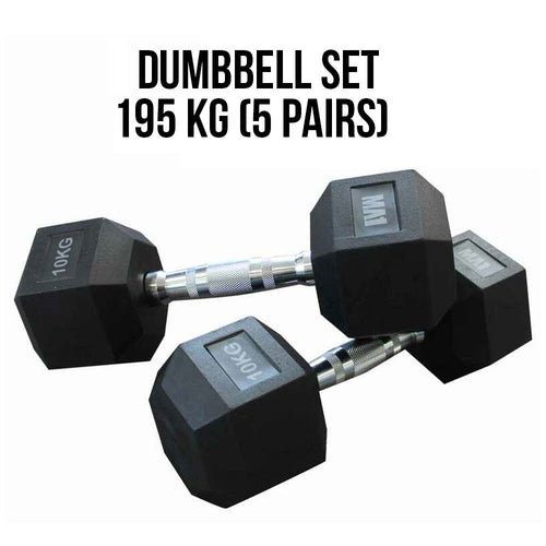 195 kg (5 pairs) MA1 Rubber Hex Dumbbell w Grey Logo Set