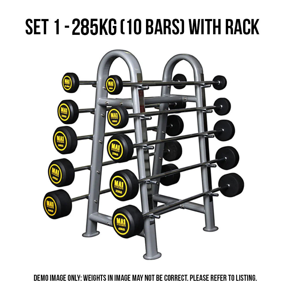 Fixed Barbell SET 1 - 285KG (10 Bars) with Rack